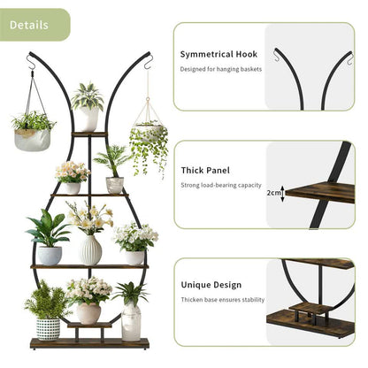 180Cm Tall Plant Stand Indoor Vase-Shape Metal Plant Shelf With Hanging Hooks
