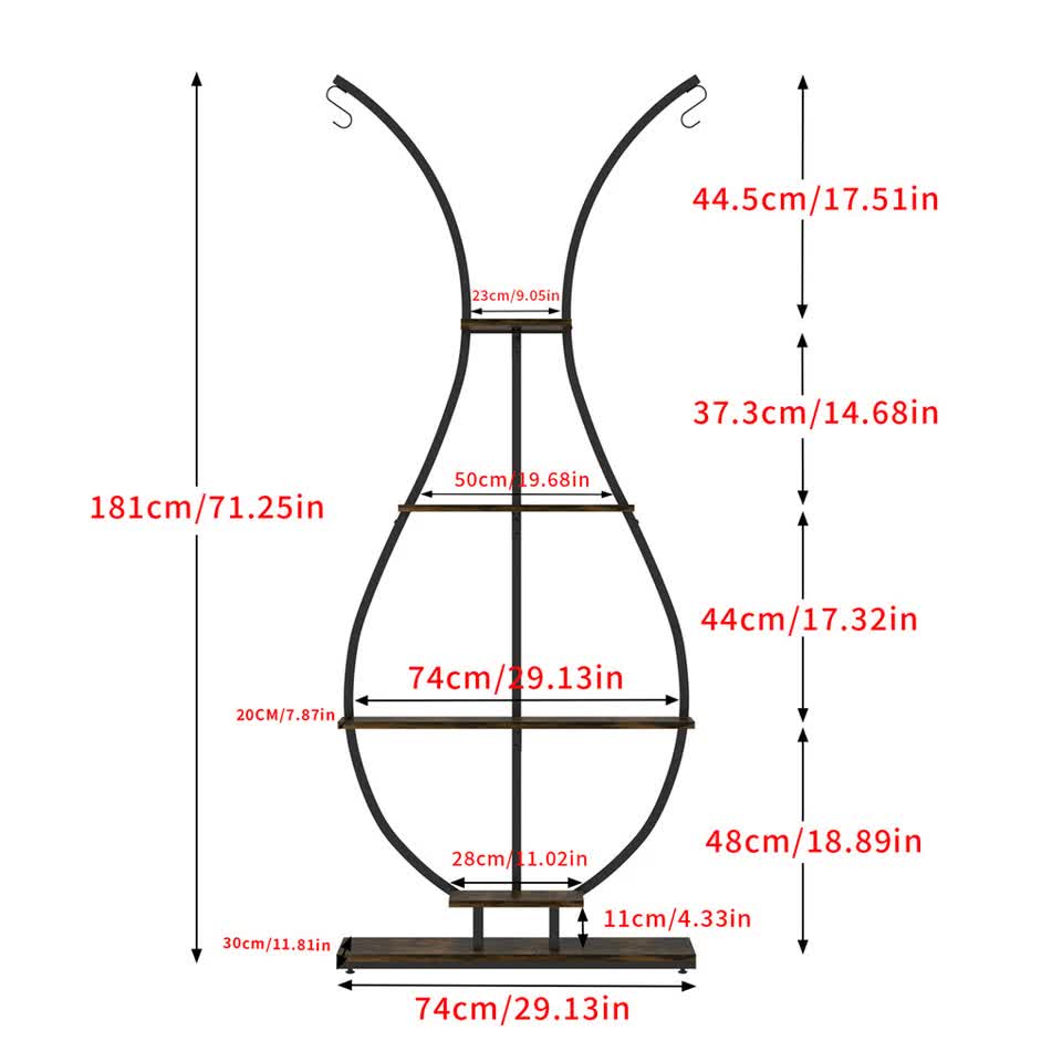 180Cm Tall Plant Stand Indoor Vase-Shape Metal Plant Shelf With Hanging Hooks