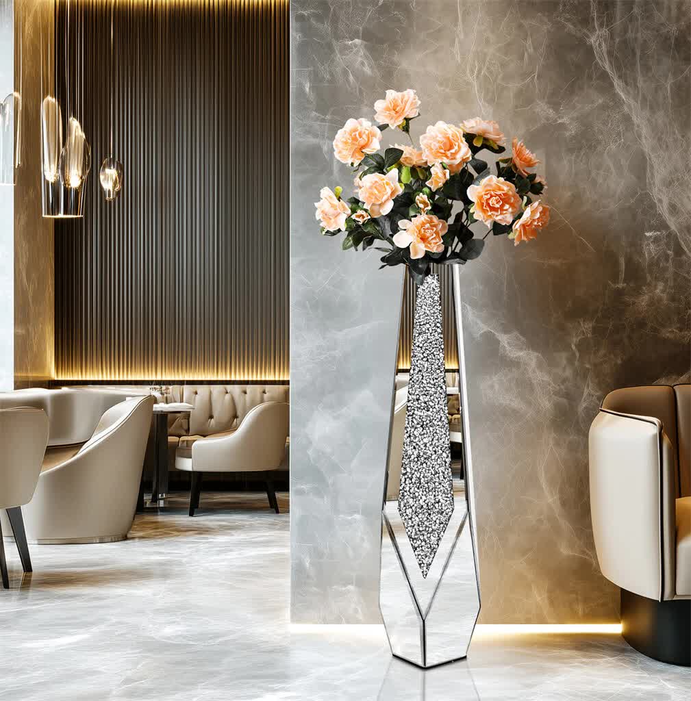 P&P Silver Sparkling Diamond Floor Vase with Glass Inlay for Modern Living Room Decoration