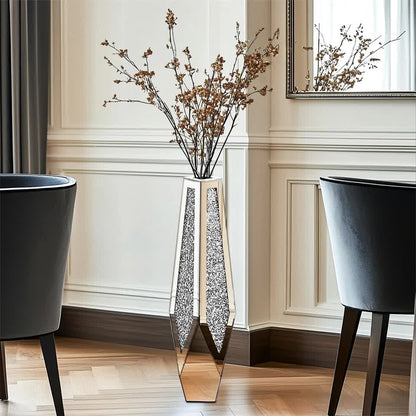 P&P Silver Sparkling Diamond Floor Vase with Glass Inlay for Modern Living Room Decoration