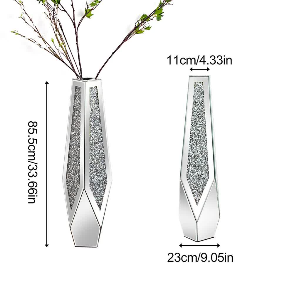 P&P Silver Sparkling Diamond Floor Vase with Glass Inlay for Modern Living Room Decoration