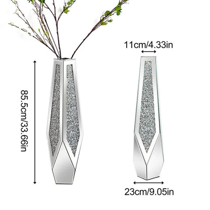 P&P Silver Sparkling Diamond Floor Vase with Glass Inlay for Modern Living Room Decoration