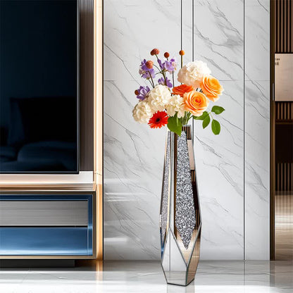 P&P Silver Sparkling Diamond Floor Vase with Glass Inlay for Modern Living Room Decoration