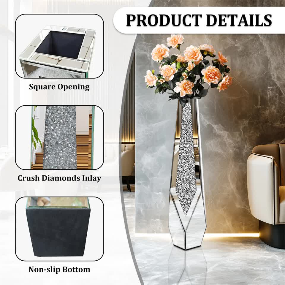 P&P Silver Sparkling Diamond Floor Vase with Glass Inlay for Modern Living Room Decoration