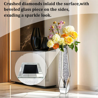 P&P Silver Sparkling Diamond Floor Vase with Glass Inlay for Modern Living Room Decoration