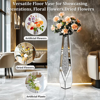 P&P Silver Sparkling Diamond Floor Vase with Glass Inlay for Modern Living Room Decoration
