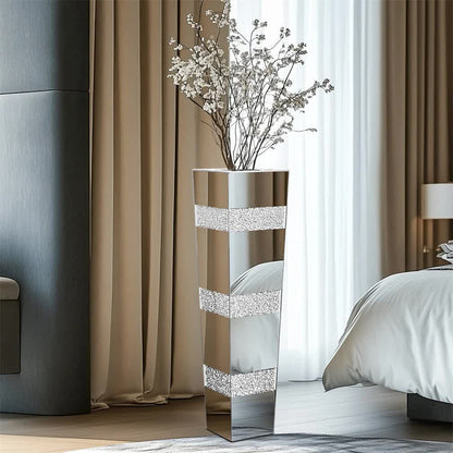 P&P Silver Crushed Diamond Flower Vase with Mirrored Glass for Elegant Home Decoration