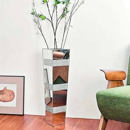 P&P Silver Crushed Diamond Flower Vase with Mirrored Glass for Elegant Home Decoration