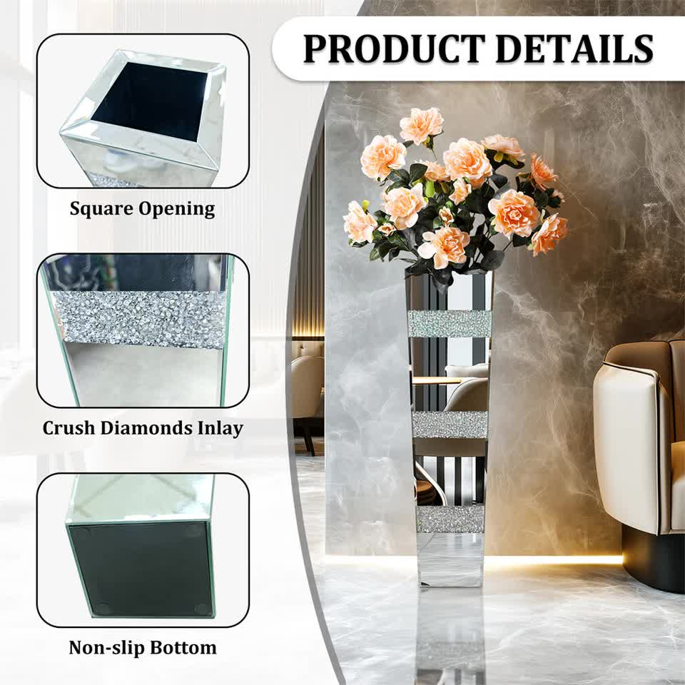 P&P Silver Crushed Diamond Flower Vase with Mirrored Glass for Elegant Home Decoration