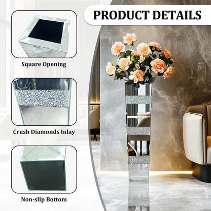 P&P Silver Crushed Diamond Flower Vase with Mirrored Glass for Elegant Home Decoration