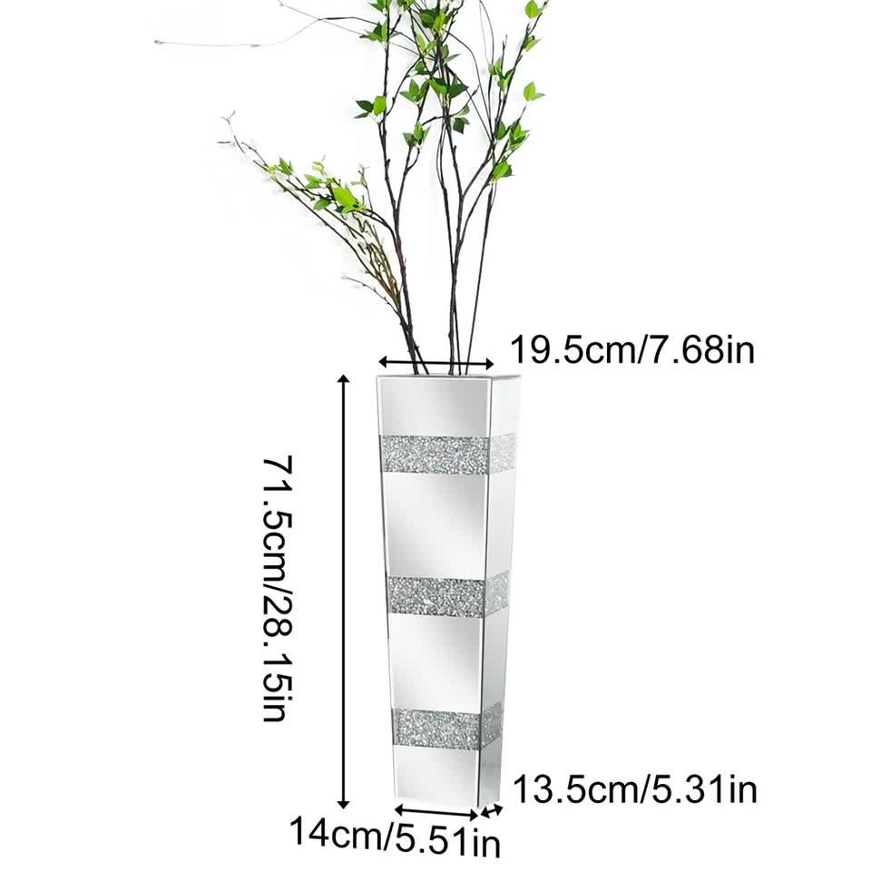 P&P Silver Crushed Diamond Flower Vase with Mirrored Glass for Elegant Home Decoration