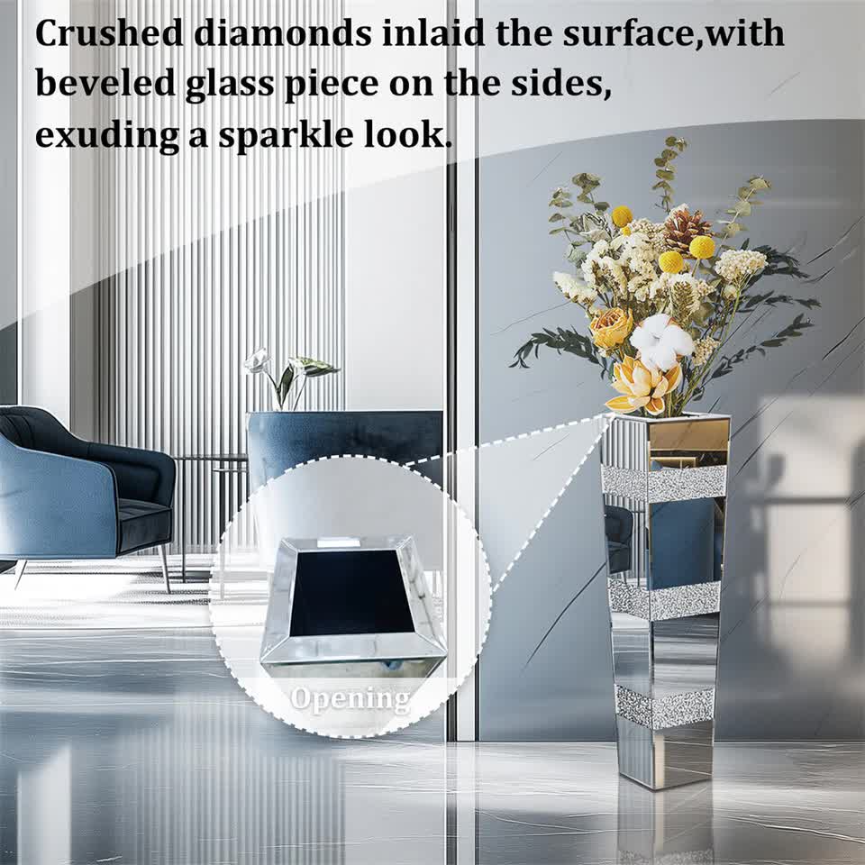 P&P Silver Crushed Diamond Flower Vase with Mirrored Glass for Elegant Home Decoration
