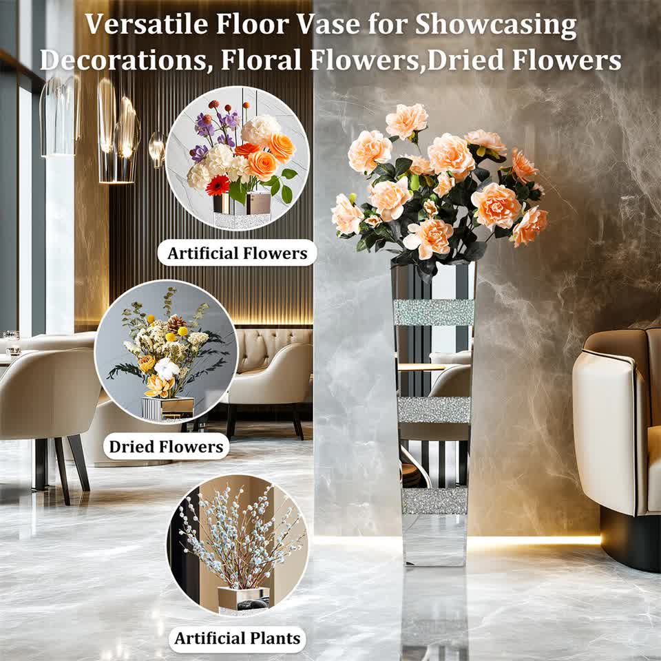 P&P Silver Crushed Diamond Flower Vase with Mirrored Glass for Elegant Home Decoration