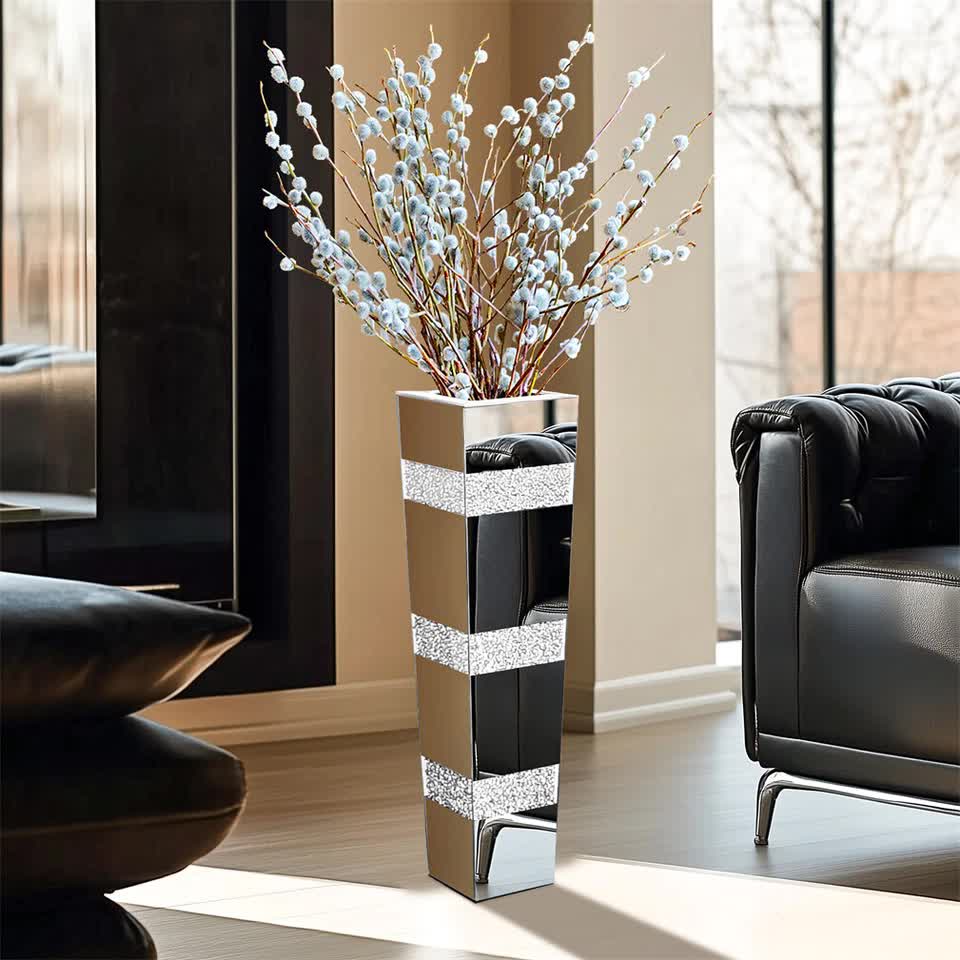 P&P Silver Crushed Diamond Flower Vase with Mirrored Glass for Elegant Home Decoration