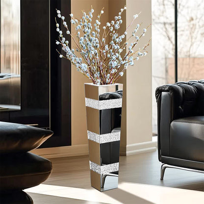 P&P Silver Crushed Diamond Flower Vase with Mirrored Glass for Elegant Home Decoration