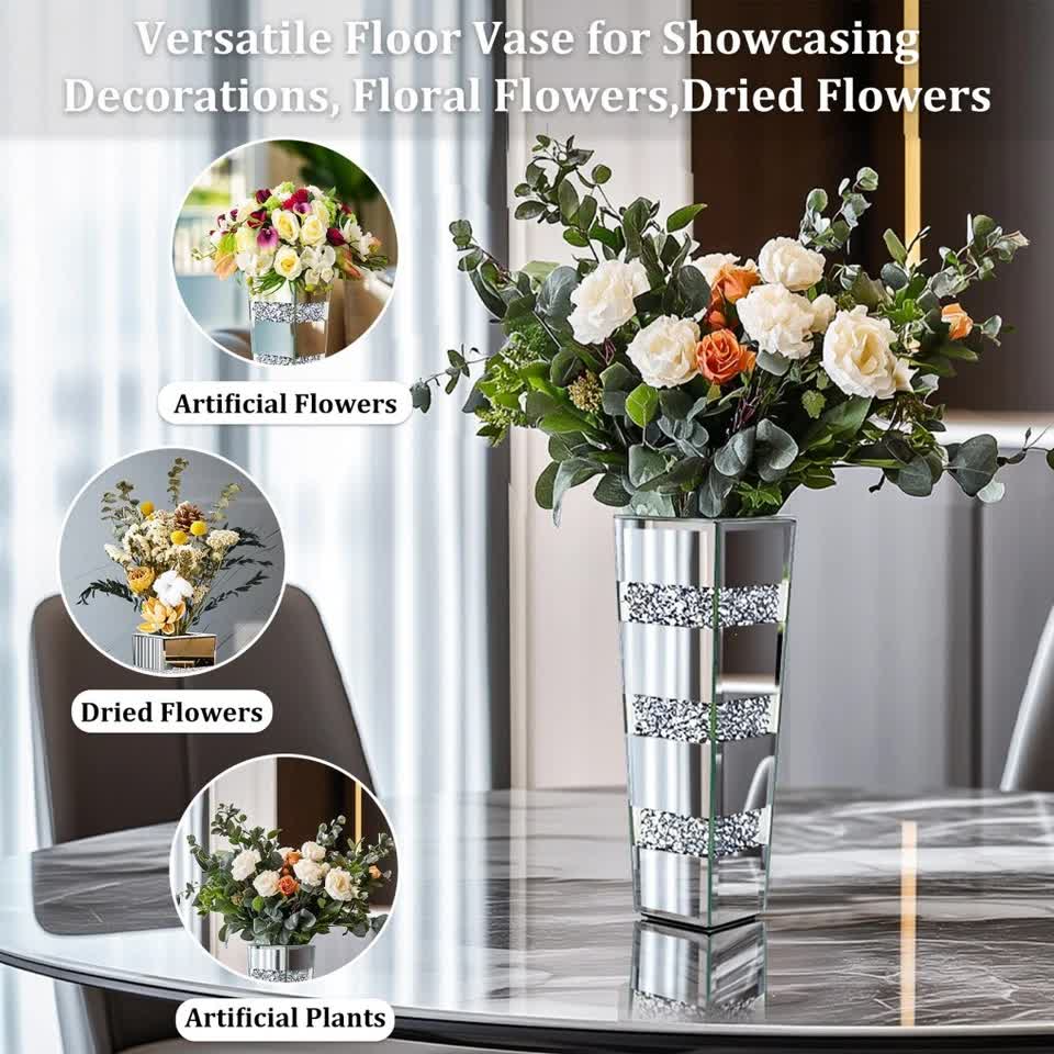 P&P Silver Diamond Inlaid Table Vase, Modern Decorative Centerpiece for Home