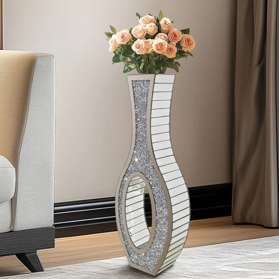 30-Inch Tall Double Sided Crushed Diamond Floor Vase Large Mirrored Silver Crystal Décor