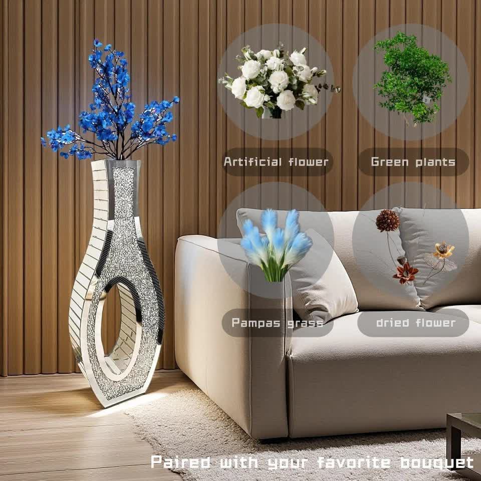 30-Inch Tall Double Sided Crushed Diamond Floor Vase Large Mirrored Silver Crystal Décor