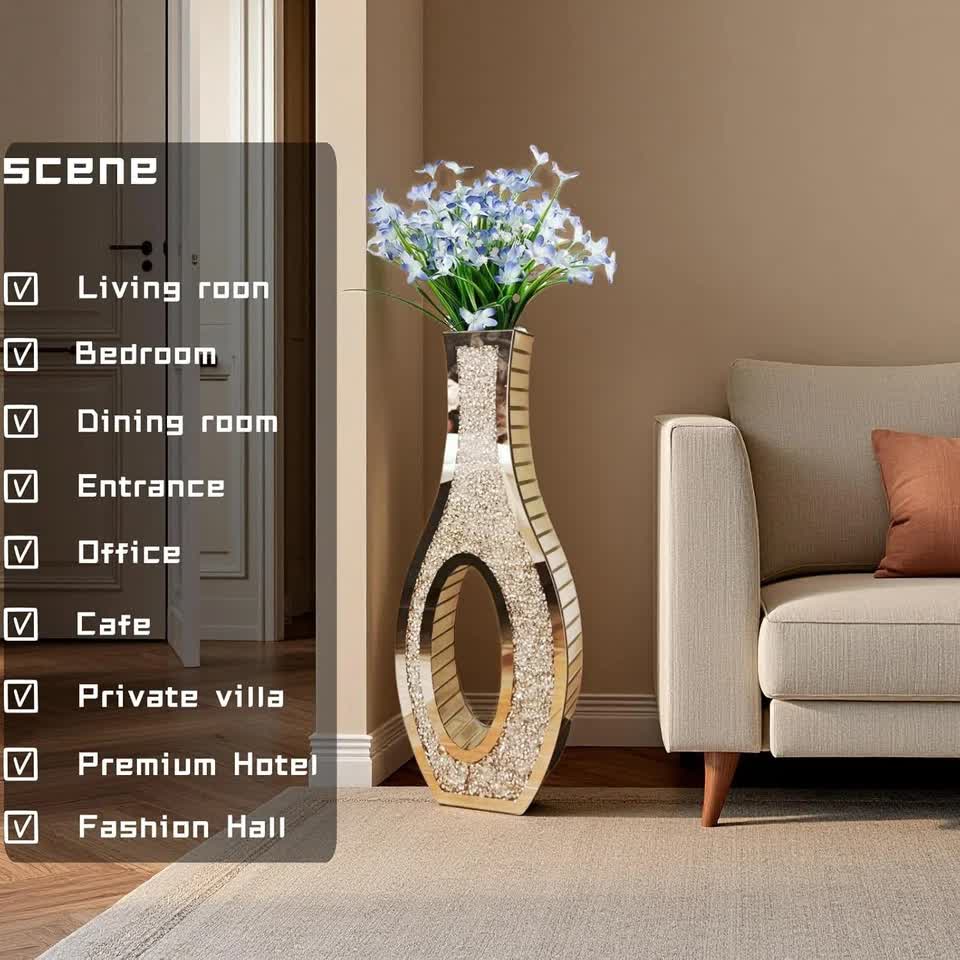 30-Inch Tall Double Sided Crushed Diamond Floor Vase Large Mirrored Silver Crystal Décor