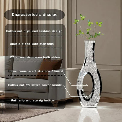 30-Inch Tall Double Sided Crushed Diamond Floor Vase Large Mirrored Silver Crystal Décor