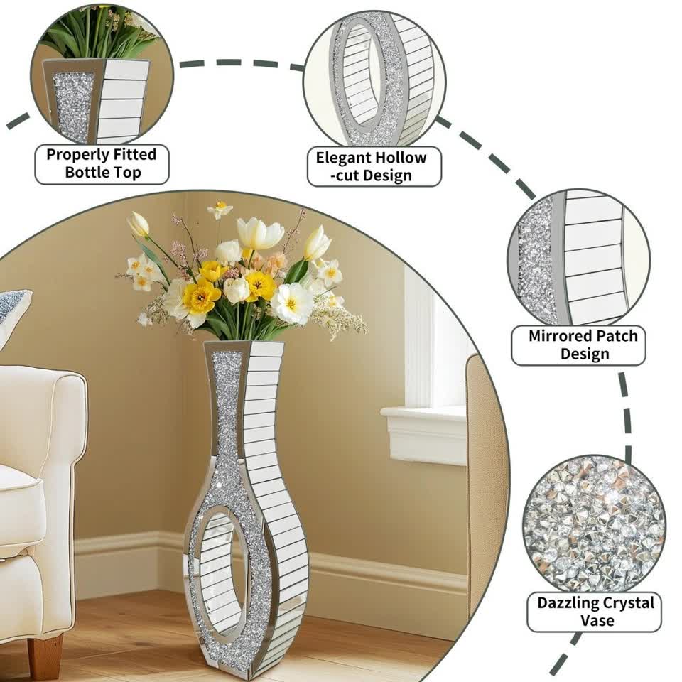30-Inch Tall Double Sided Crushed Diamond Floor Vase Large Mirrored Silver Crystal Décor