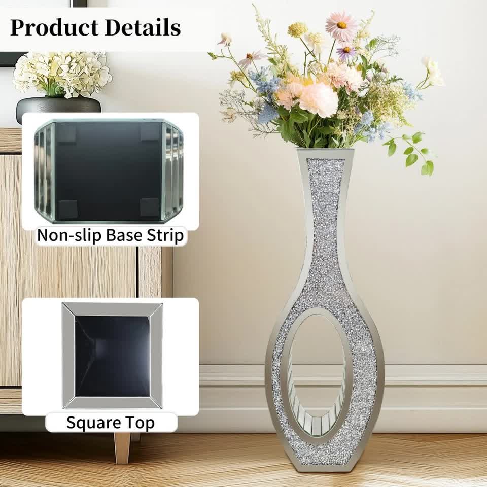 30-Inch Tall Double Sided Crushed Diamond Floor Vase Large Mirrored Silver Crystal Décor