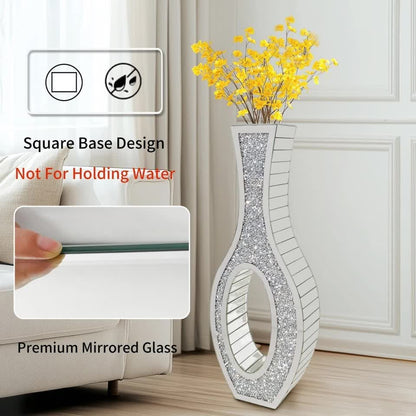 30-Inch Tall Double Sided Crushed Diamond Floor Vase Large Mirrored Silver Crystal Décor