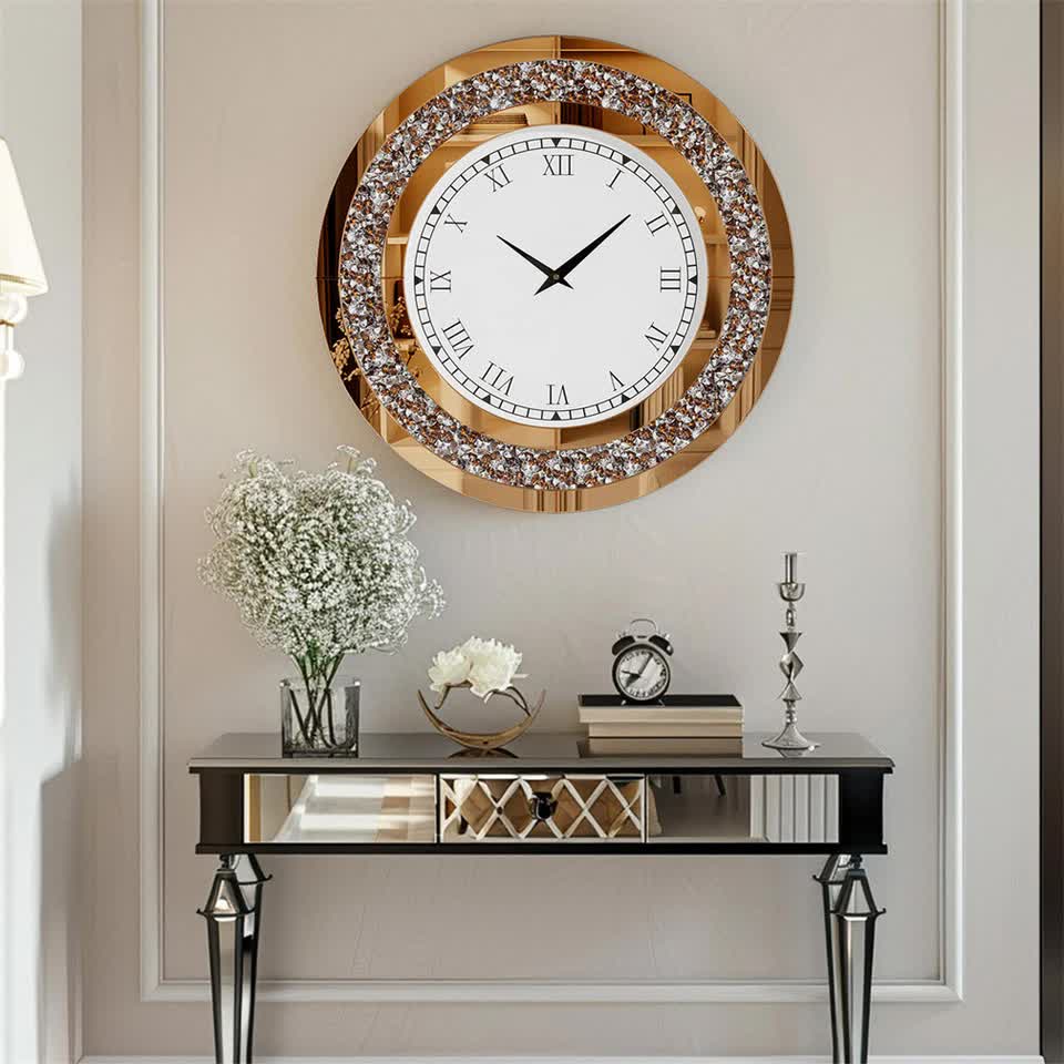 P&P Brown Crushed Diamond Oversized Wall Clock Elegant Accent 80x80cm