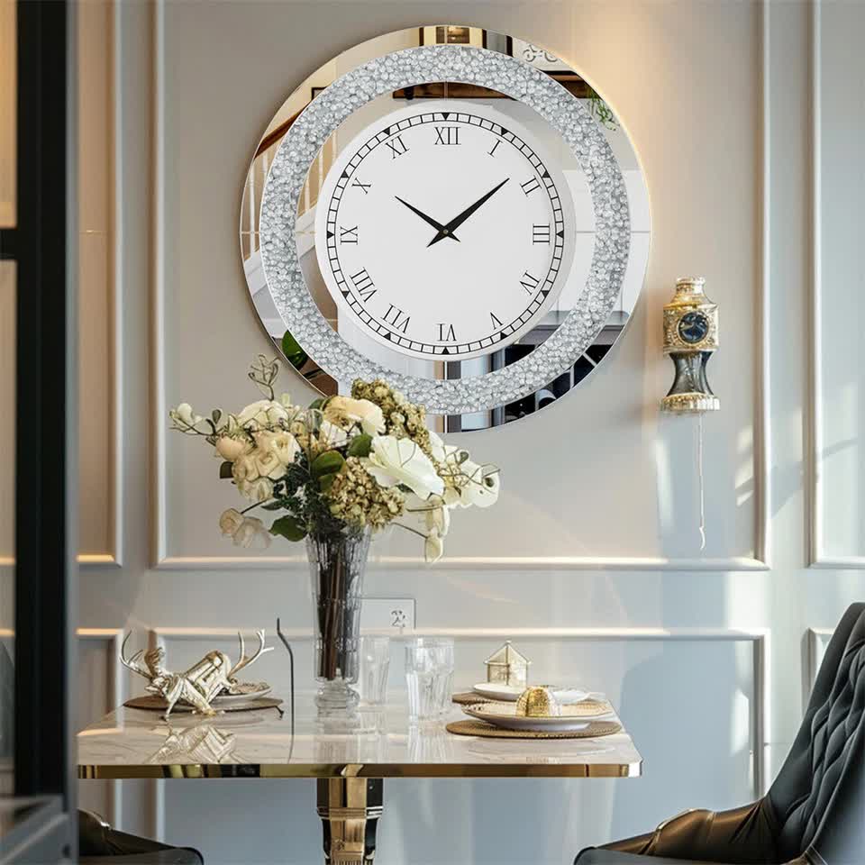 P&P Silver Crushed Diamond Square Wall Clock Luxury Decorative 60x60cm