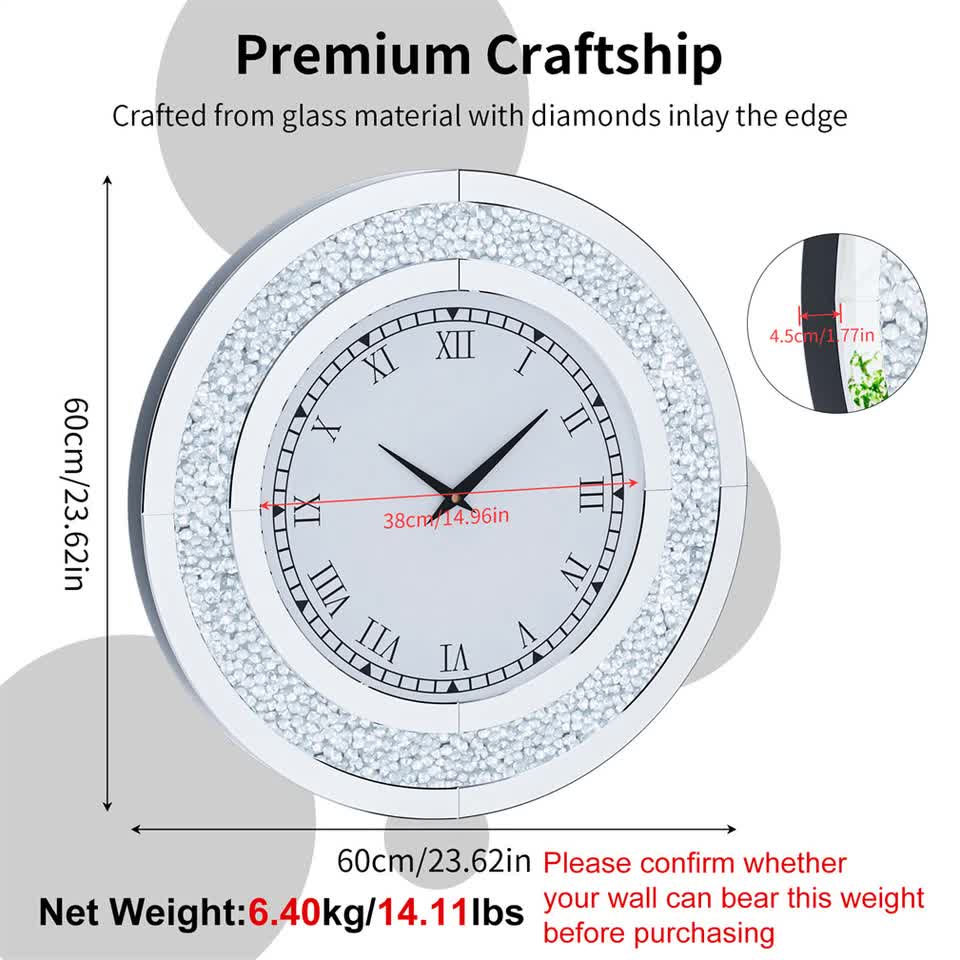 P&P Silver Crushed Diamond Square Wall Clock Luxury Decorative 60x60cm