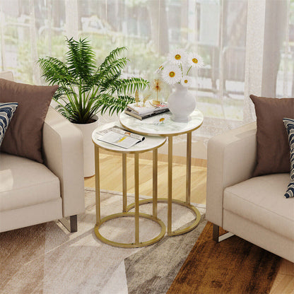 2Pcs Gold Marble Nesting Side End Tables Round Small Stacking Drink Coffee Table
