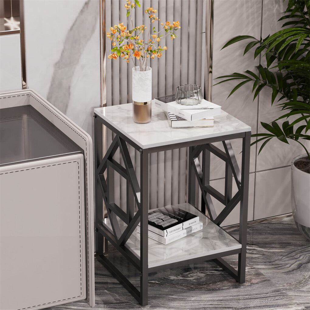 Sleek White Marble Side Table Sofa End Table Bedside Nightstand w Durable Frame