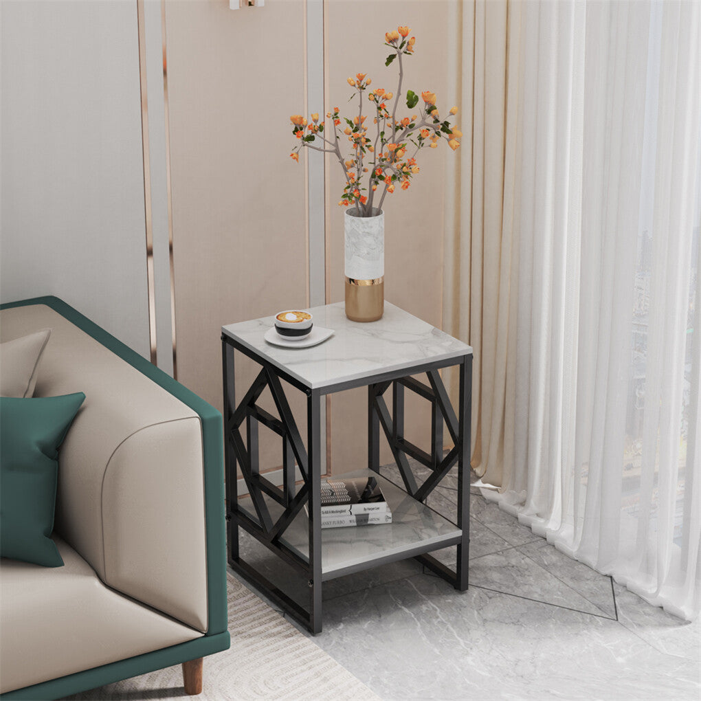 Sleek White Marble Side Table Sofa End Table Bedside Nightstand w Durable Frame
