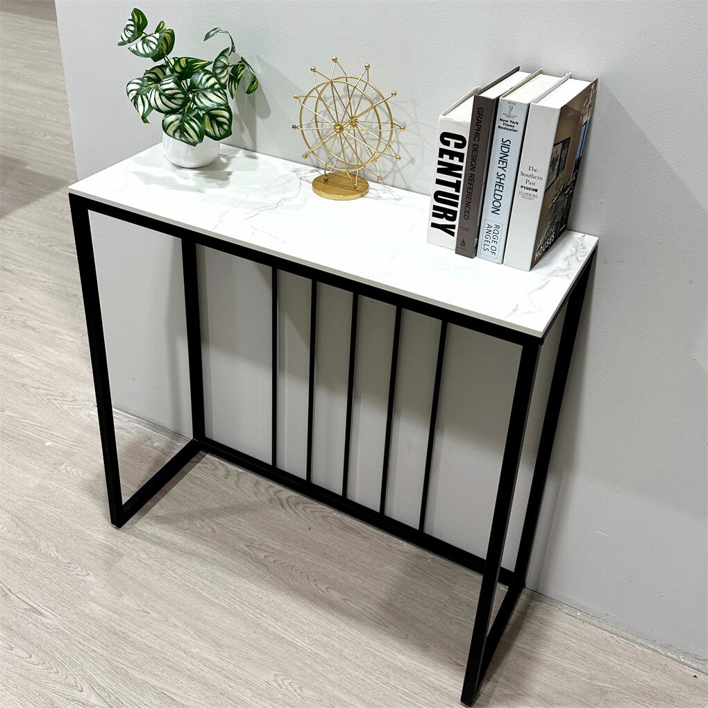80cm White & Grey Sintered Stone Console Table Storage Table Behind Sofa W/ Black Metal Frame