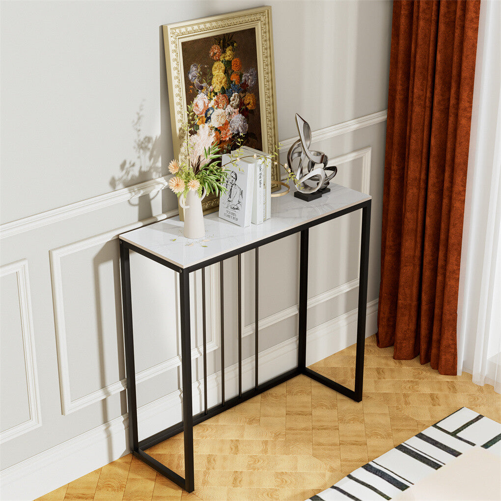 80cm White & Grey Sintered Stone Console Table Storage Table Behind Sofa W/ Black Metal Frame