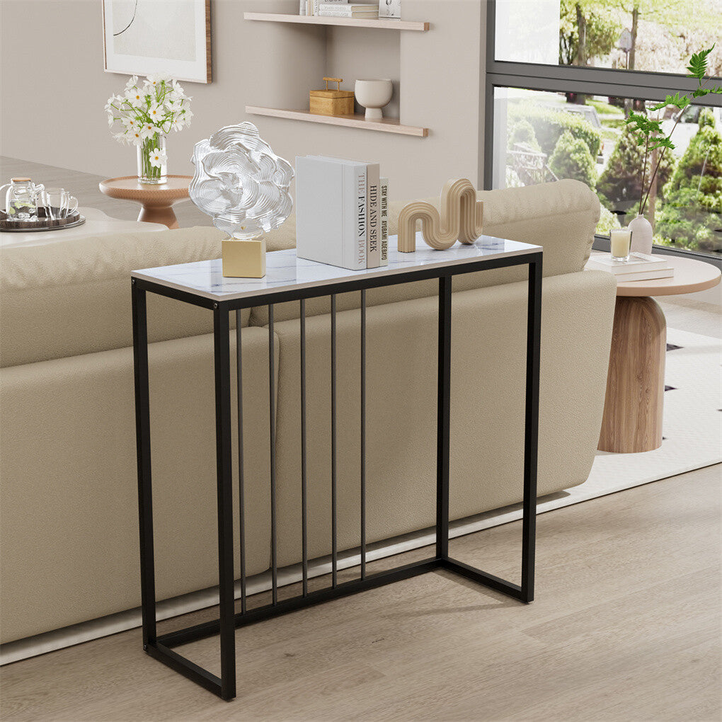 80cm White & Grey Sintered Stone Console Table Storage Table Behind Sofa W/ Black Metal Frame