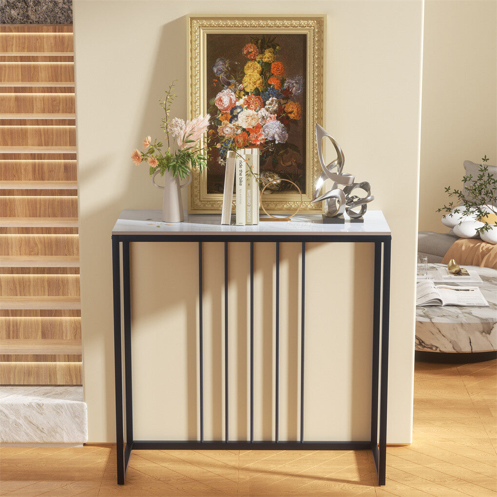 80cm White & Grey Sintered Stone Console Table Storage Table Behind Sofa W/ Black Metal Frame