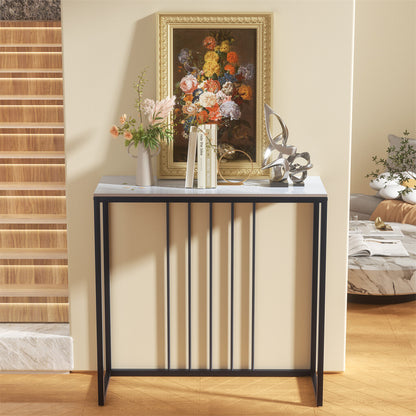 80cm White & Grey Sintered Stone Console Table Storage Table Behind Sofa W/ Black Metal Frame