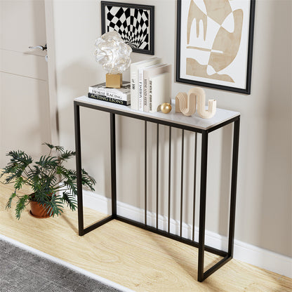 80cm White & Grey Sintered Stone Console Table Storage Table Behind Sofa W/ Black Metal Frame