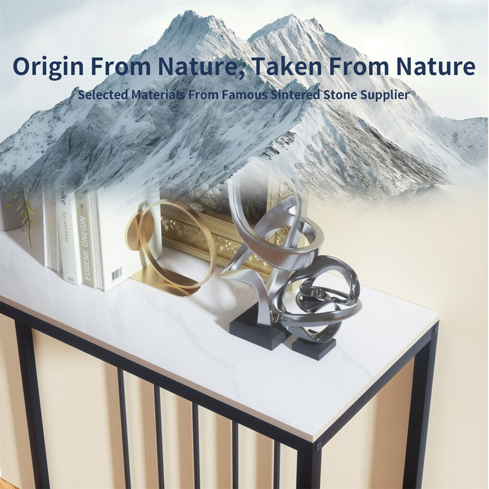 80cm White & Grey Sintered Stone Console Table Storage Table Behind Sofa W/ Black Metal Frame