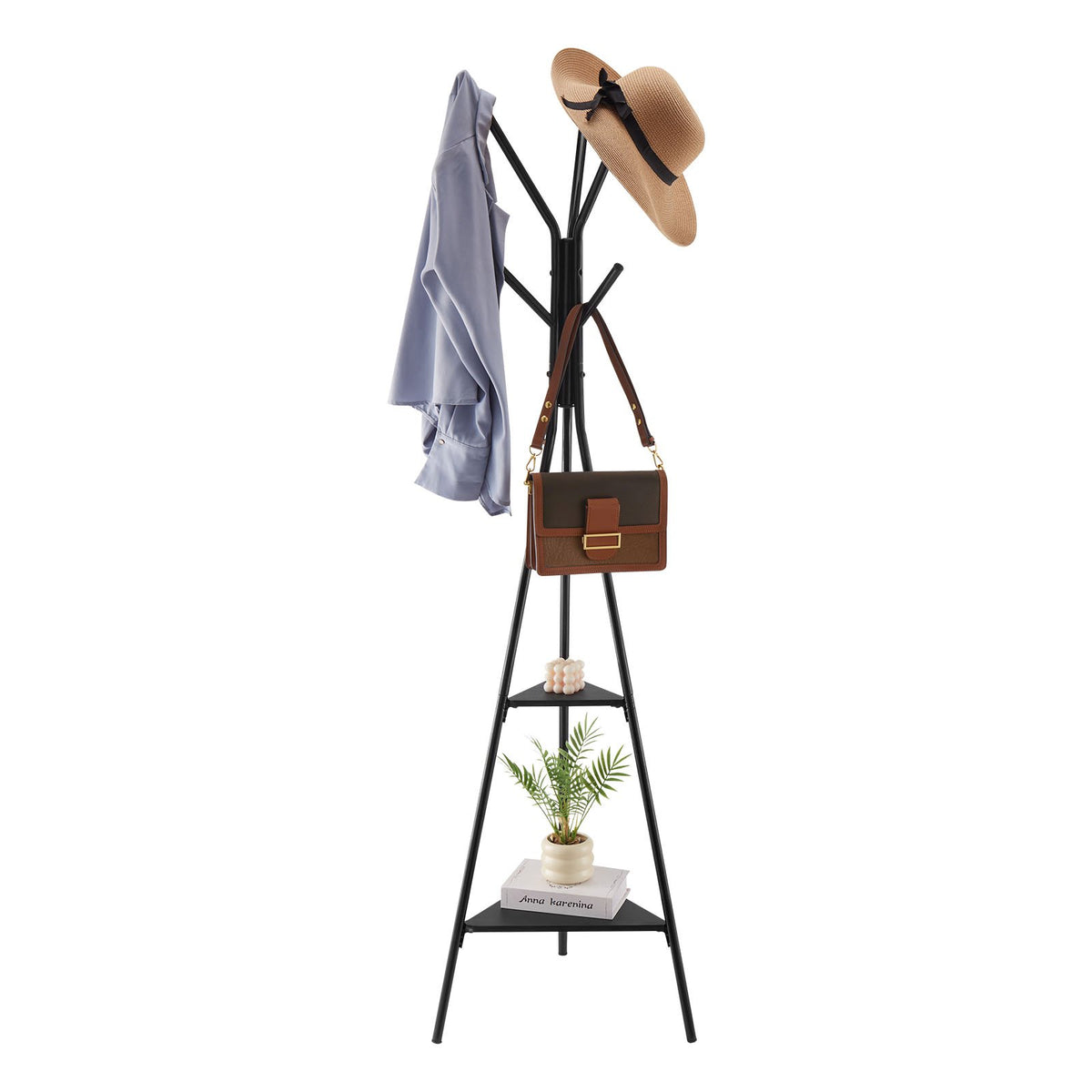 Gold Coat Rack, Freestanding Coats Rack Stand with 2 Shelves & 6 Hooks, Free Standing Hall Coat Tree