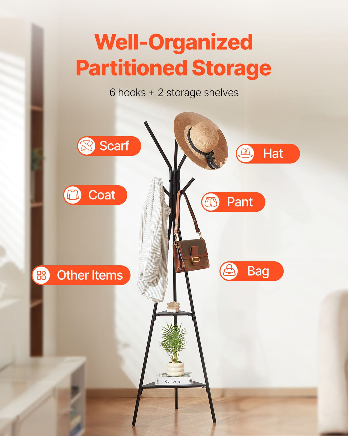 Gold Coat Rack, Freestanding Coats Rack Stand with 2 Shelves & 6 Hooks, Free Standing Hall Coat Tree