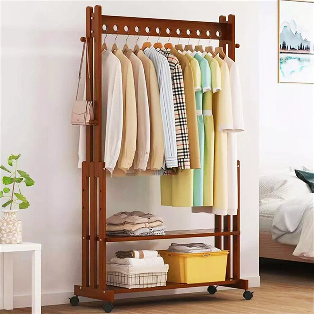 Walnut Wood Rolling Clothing Garment Rack Open Wardrobe Entryway Bedroom Shop