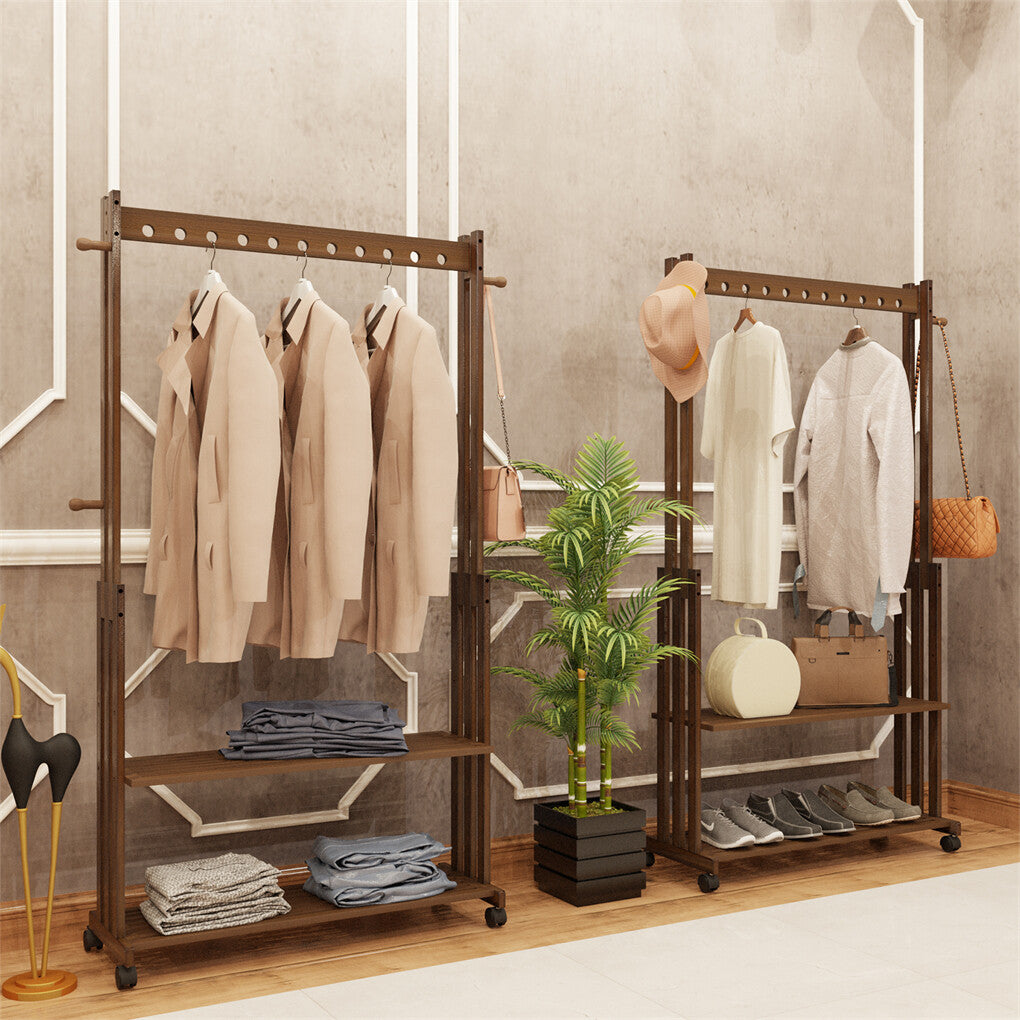 Walnut Wood Rolling Clothing Garment Rack Open Wardrobe Entryway Bedroom Shop