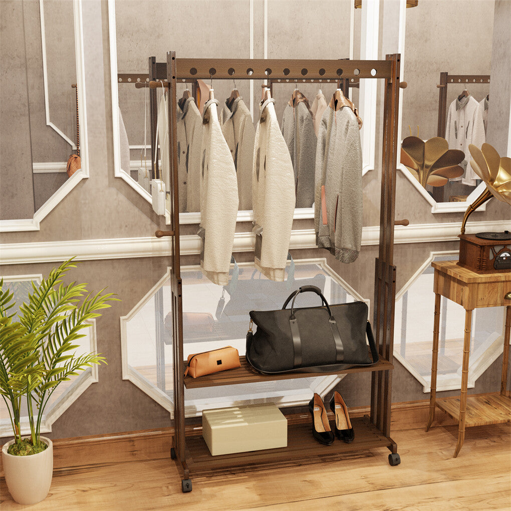 Walnut Wood Rolling Clothing Garment Rack Open Wardrobe Entryway Bedroom Shop