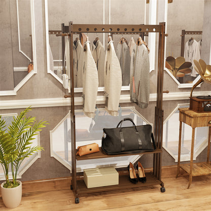 Walnut Wood Rolling Clothing Garment Rack Open Wardrobe Entryway Bedroom Shop