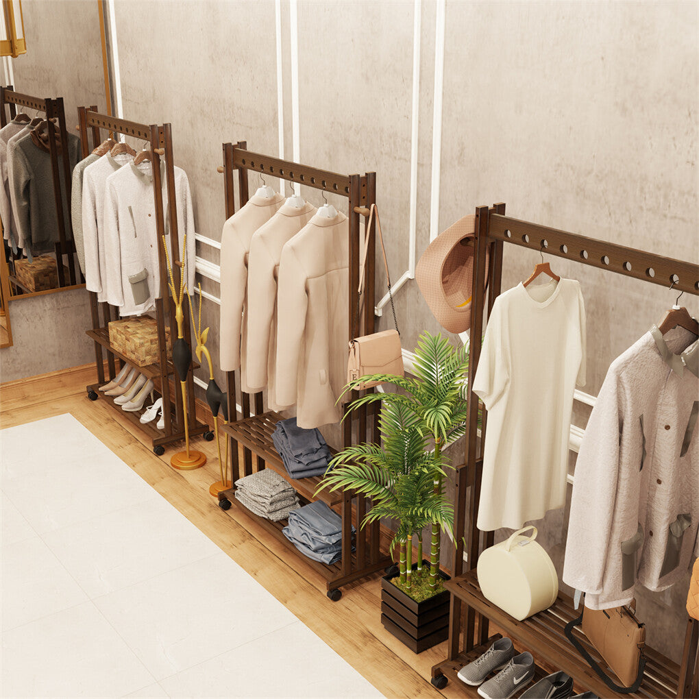 Walnut Wood Rolling Clothing Garment Rack Open Wardrobe Entryway Bedroom Shop