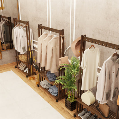 Walnut Wood Rolling Clothing Garment Rack Open Wardrobe Entryway Bedroom Shop