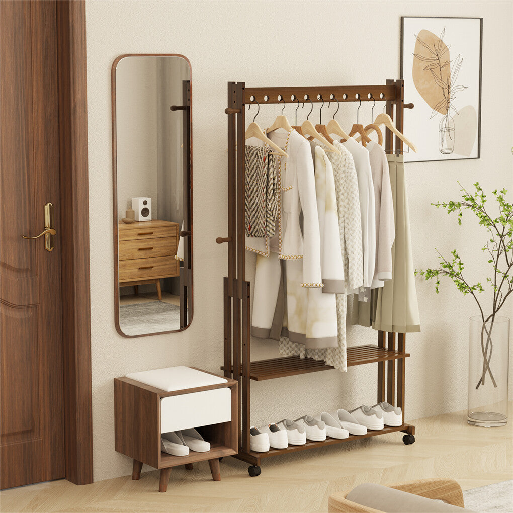 Walnut Wood Rolling Clothing Garment Rack Open Wardrobe Entryway Bedroom Shop