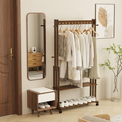 Walnut Wood Rolling Clothing Garment Rack Open Wardrobe Entryway Bedroom Shop